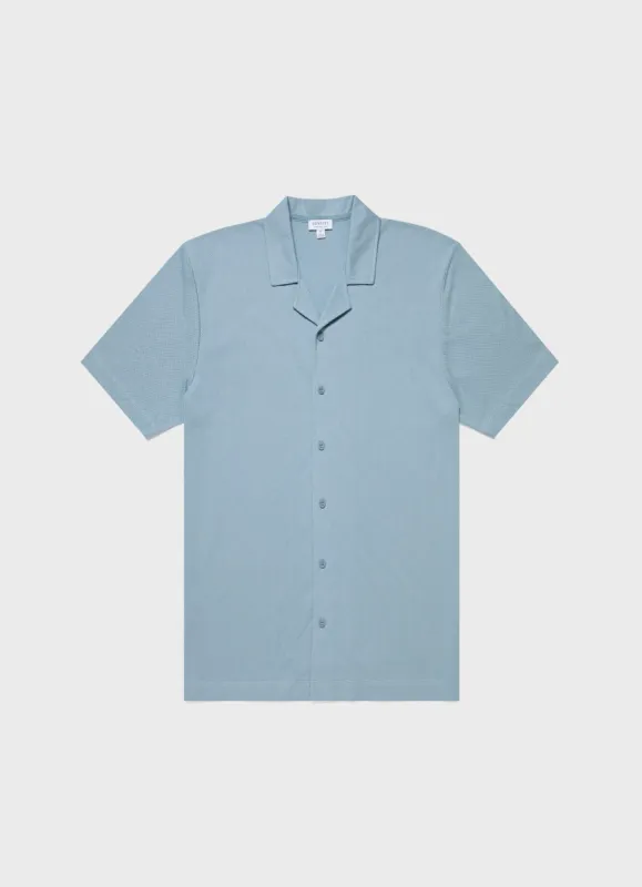 Men's Riviera Camp Collar Shirt in Blue Mist sold by Sunspel