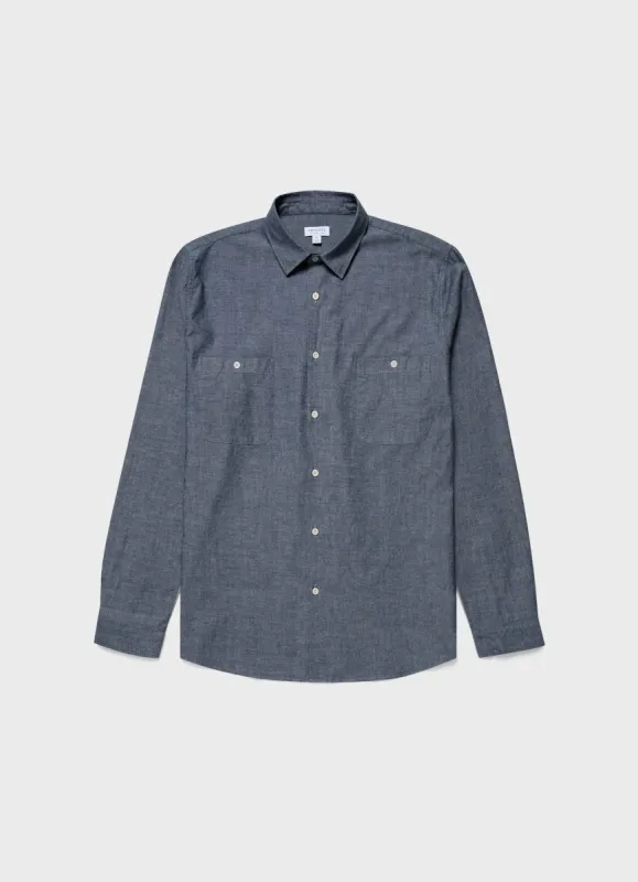 Men's Selvedge Chambray Overshirt in Mid Blue Chambray sold by Sunspel