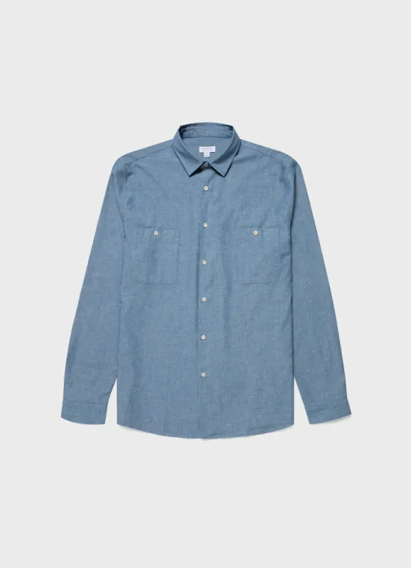 Men's Selvedge Chambray Overshirt in Light Blue Chambray sold by Sunspel