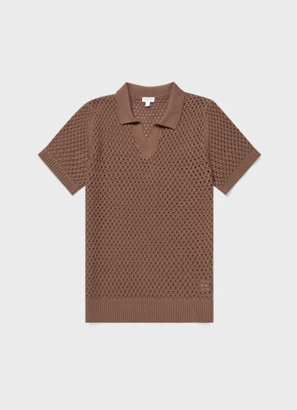 Men's Open Stitch Polo Shirt in Brown sold by Sunspel