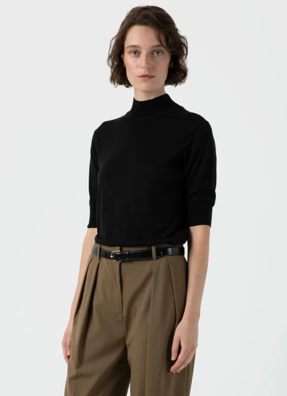 Women's Mulberry Silk Mock Neck Top in Black sold by Sunspel