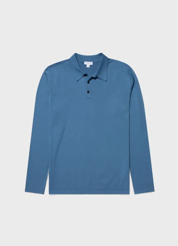 Men's Sea Island Cotton Long Sleeve Polo Shirt in Bluestone sold by Sunspel