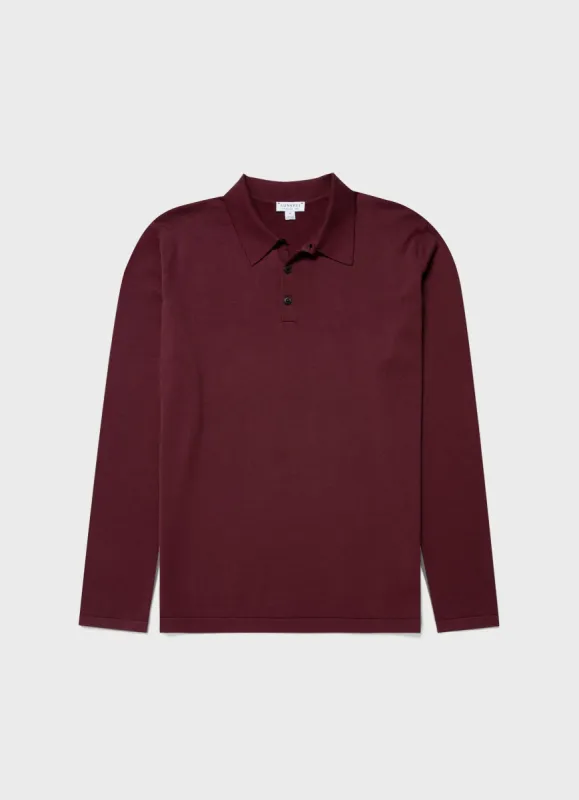 Men's Sea Island Cotton Long Sleeve Polo Shirt in Vino sold by Sunspel