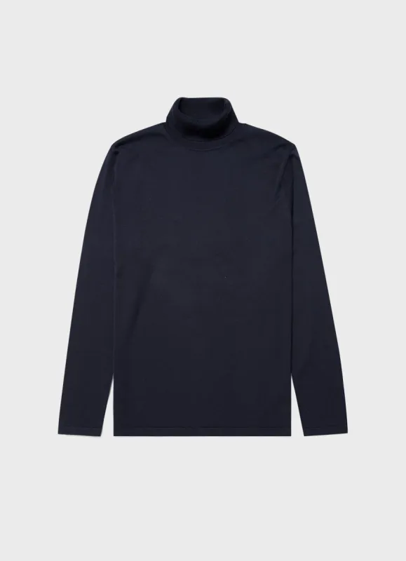 Men's Sea Island Cotton Roll Neck Sweater in Light Navy sold by Sunspel