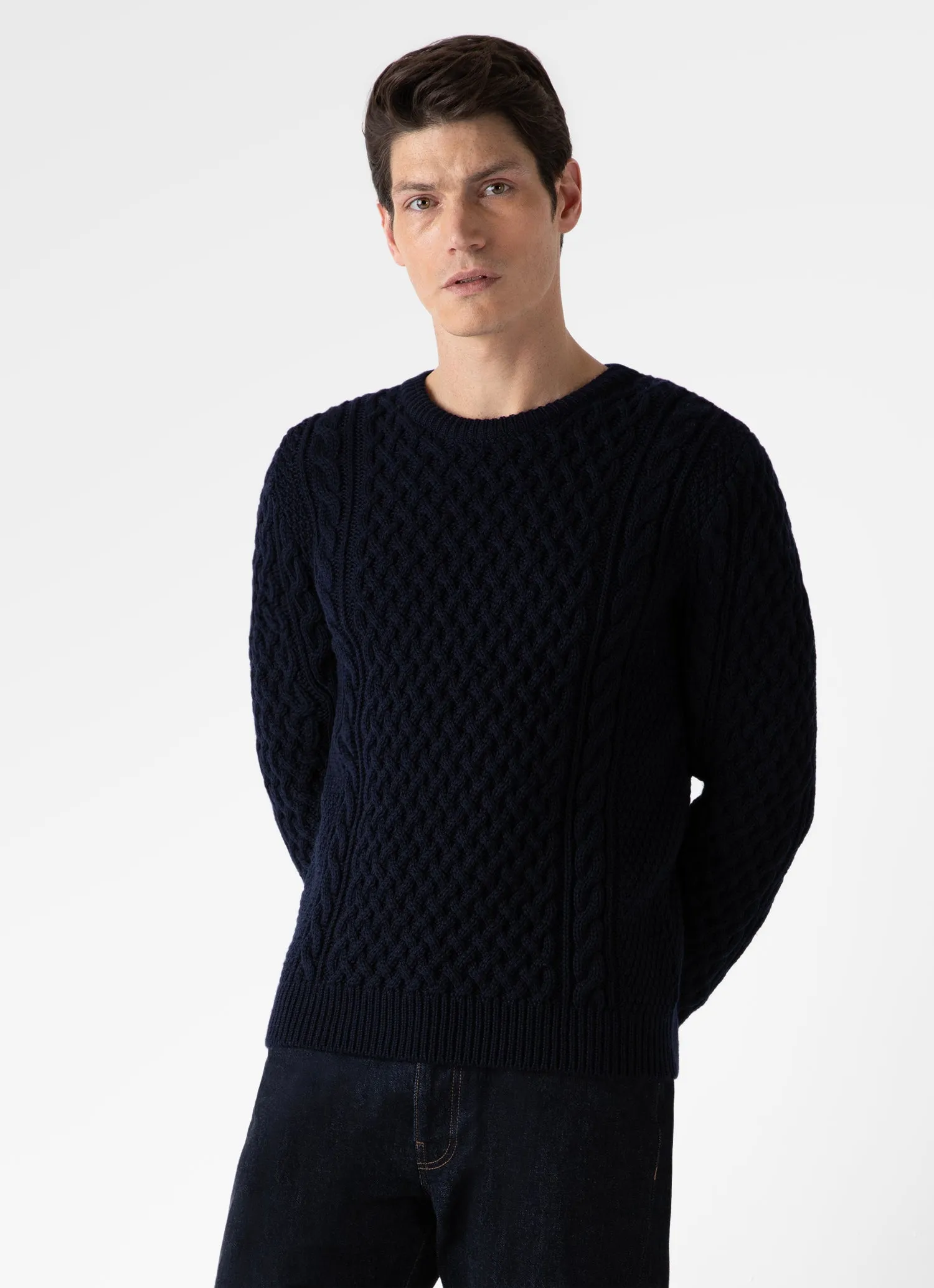 Men's Cable Knit Jumper in Navy sold by Sunspel product image thumbnail 2