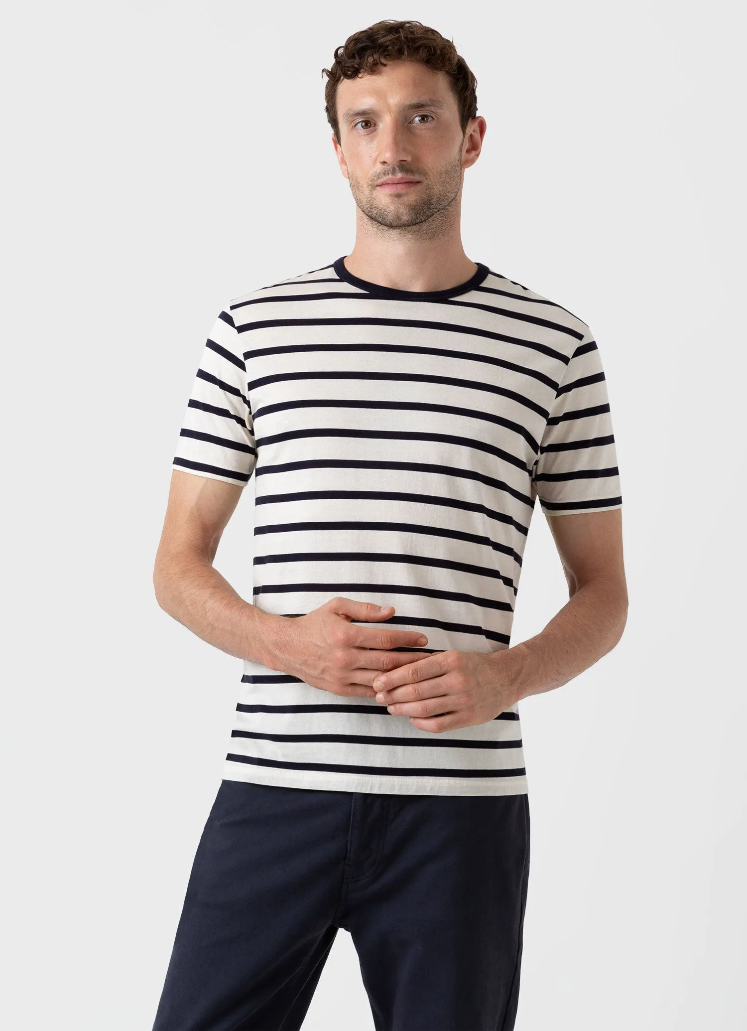 Men's Classic T-shirt in Ecru/Navy Breton Stripe sold by Sunspel product image thumbnail 2