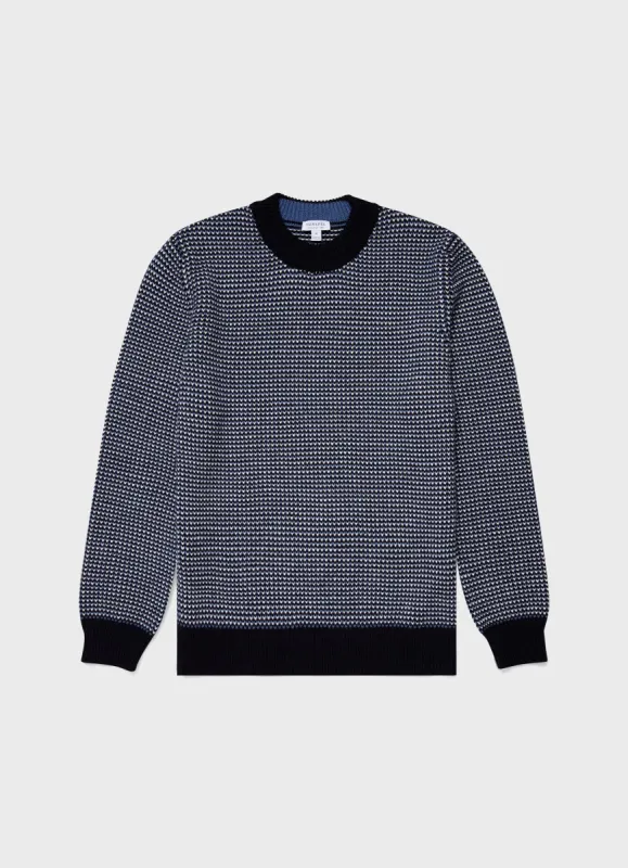 Men's Merino Fisherman Knit Jumper in Navy/Mid Blue/Ecru sold by Sunspel