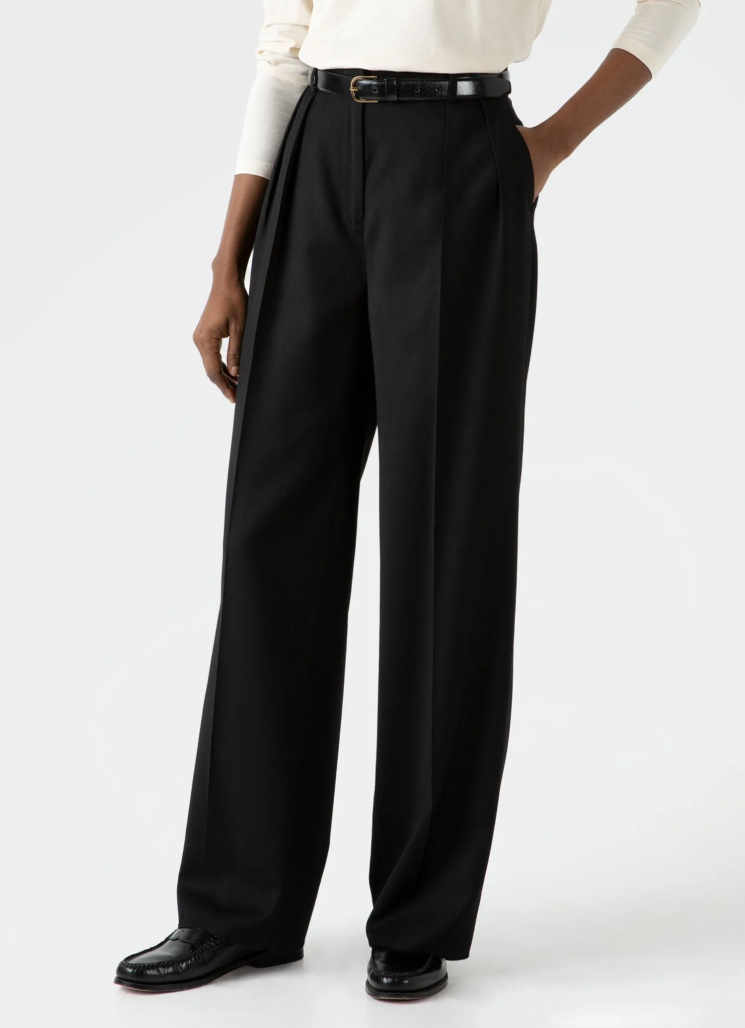 Women's Pleated Wool Trouser in Black sold by Sunspel