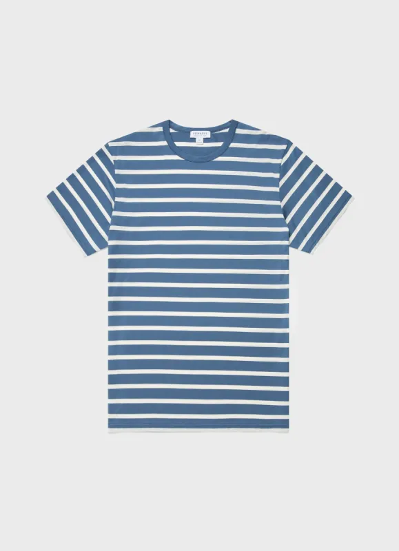 Men's Classic T-shirt in Bluestone/Ecru Breton Stripe sold by Sunspel