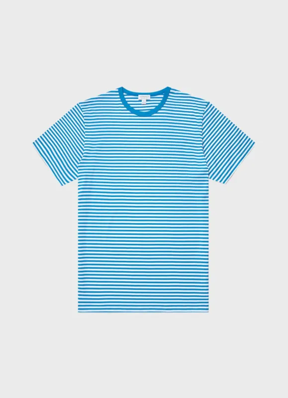 Men's Classic T-shirt in White/Turquoise English Stripe sold by Sunspel
