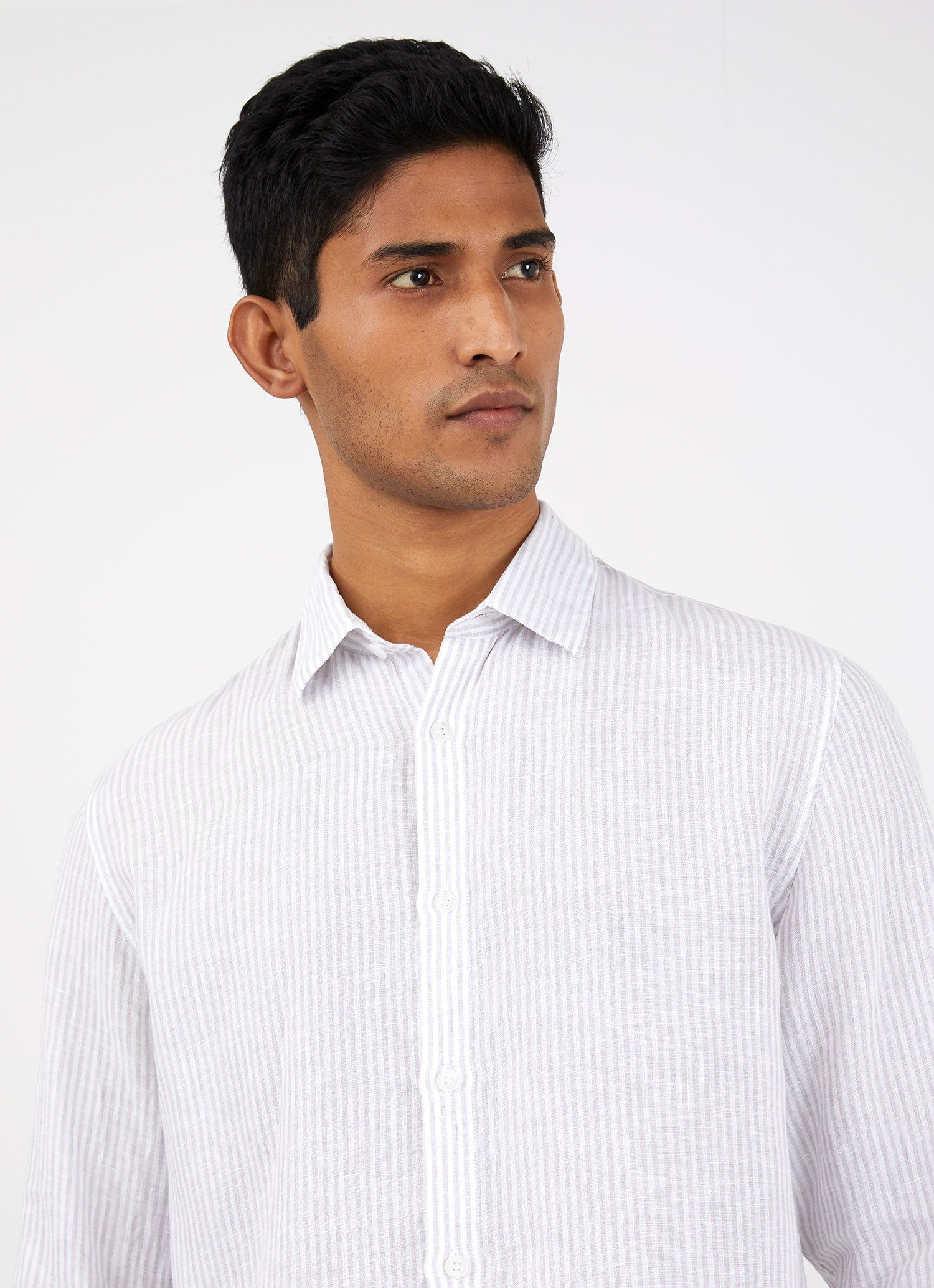 Men's Linen shirt in Oatmeal Bar Stripe sold by Sunspel product image thumbnail 5