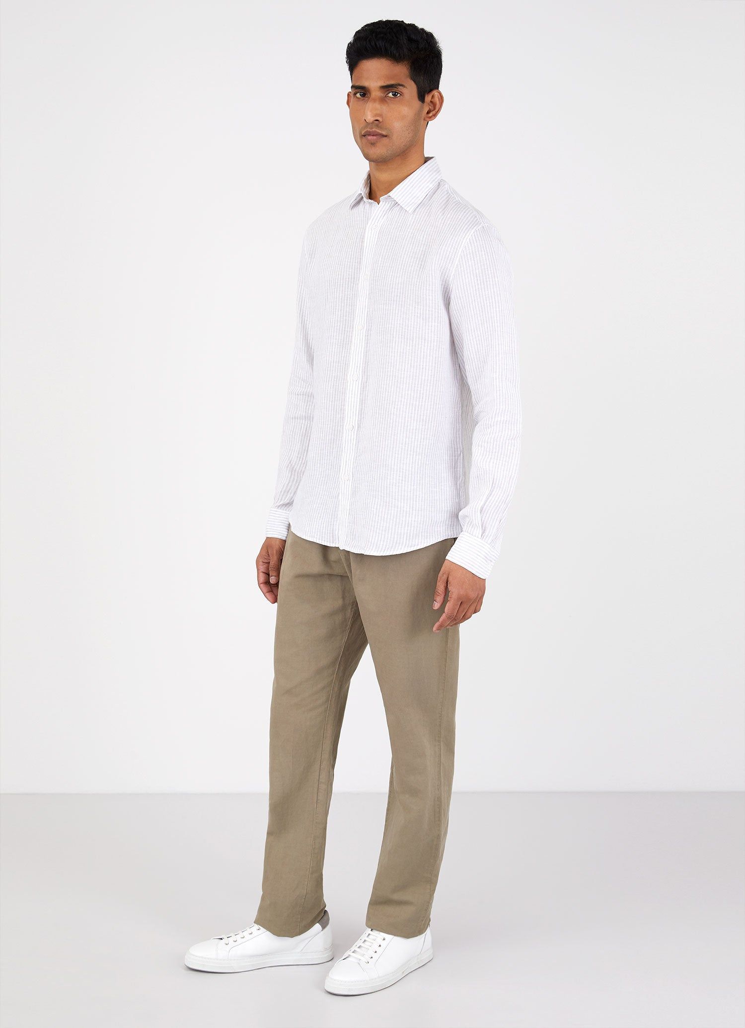 Men's Linen shirt in Oatmeal Bar Stripe sold by Sunspel product image thumbnail 3