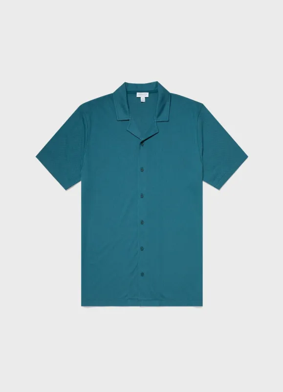 Men's Riviera Camp Collar Shirt in Lagoon Blue made by Sunspel