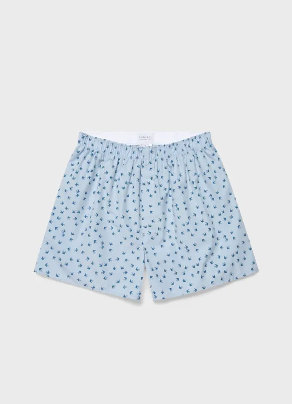 Men's Classic Print Boxer Shorts in Lt Blue/Ocean Swallows sold by Sunspel