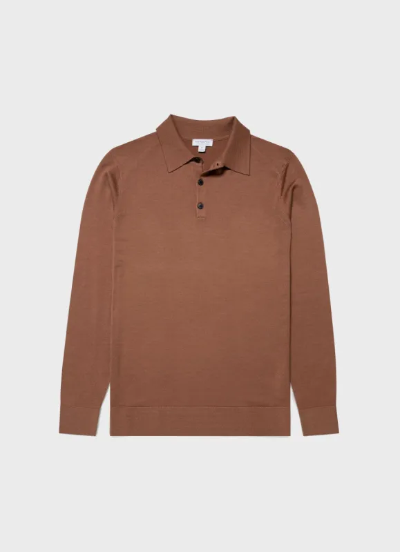 Men's Extra-Fine Merino Polo Shirt in Pecan sold by Sunspel