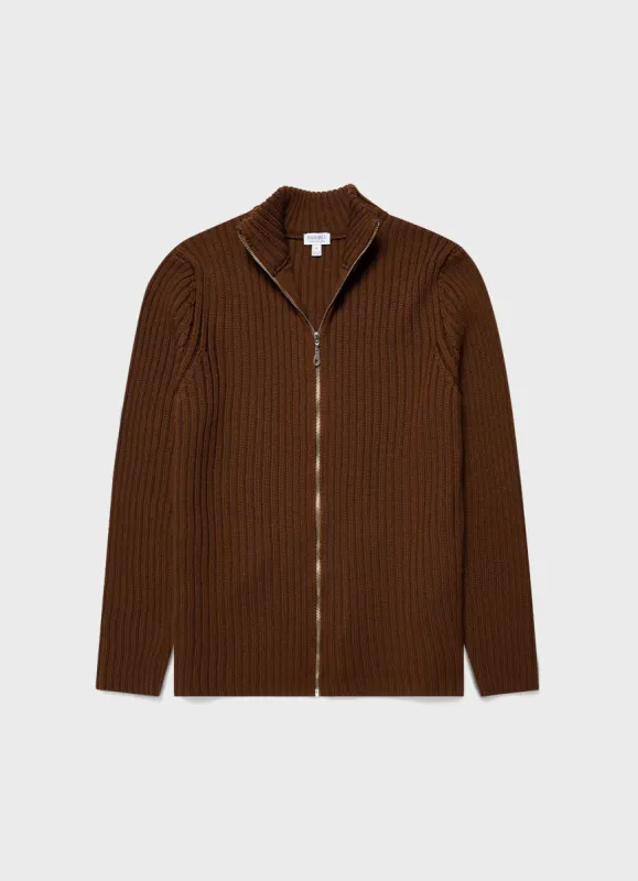 Men's Merino Rib Zip Cardigan in Pecan sold by Sunspel