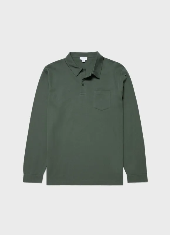 Men's Riviera Long Sleeve Polo Shirt in Dark Green sold by Sunspel