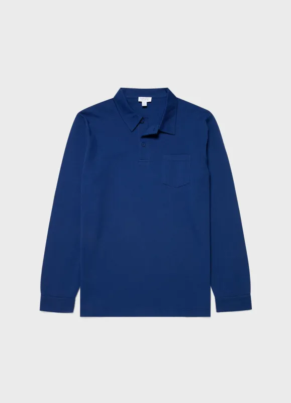 Men's Riviera Long Sleeve Polo Shirt in Space Blue sold by Sunspel
