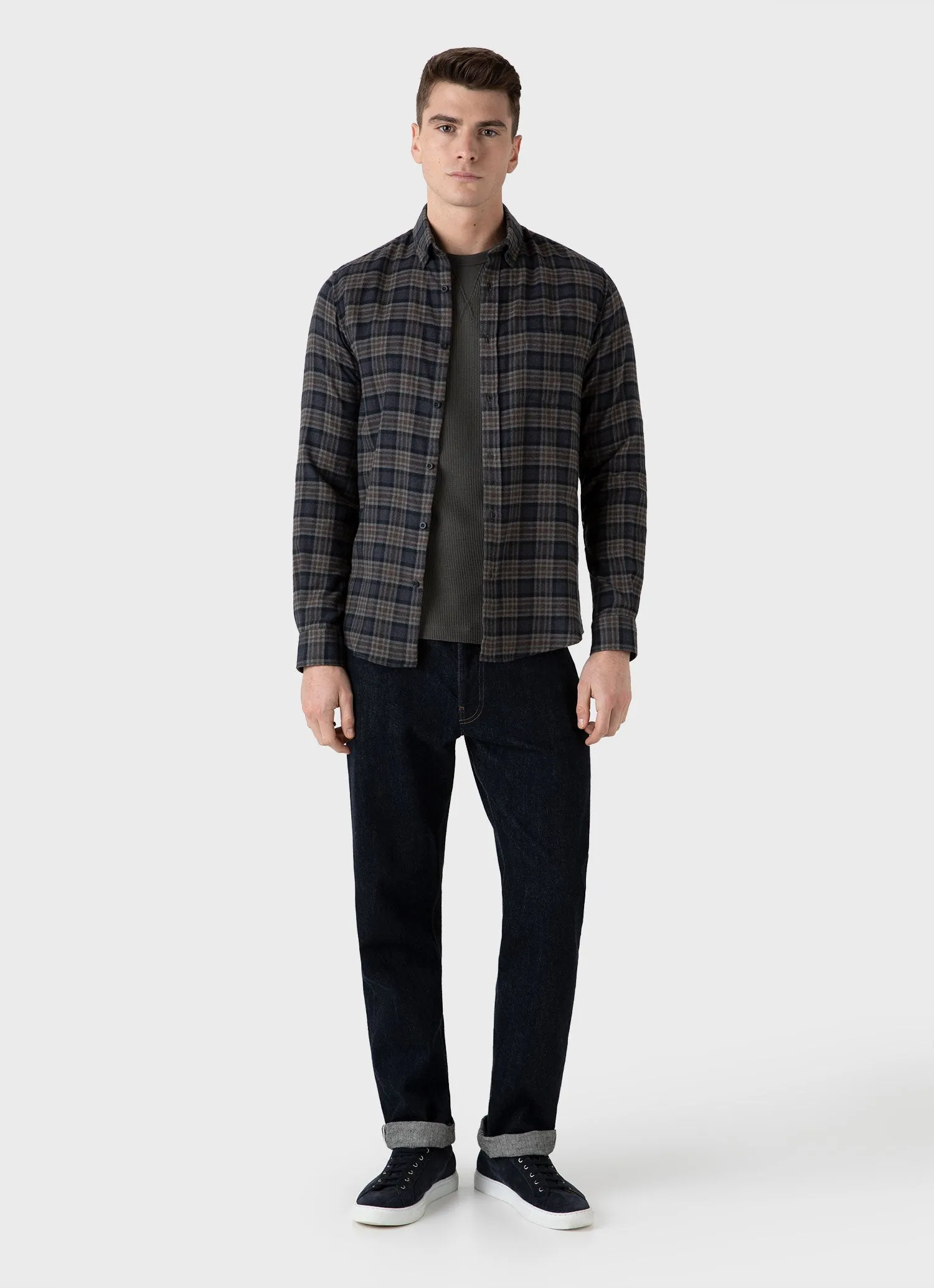 Men's Button Down Flannel Shirt in Sandstone Check sold by Sunspel product image thumbnail 3