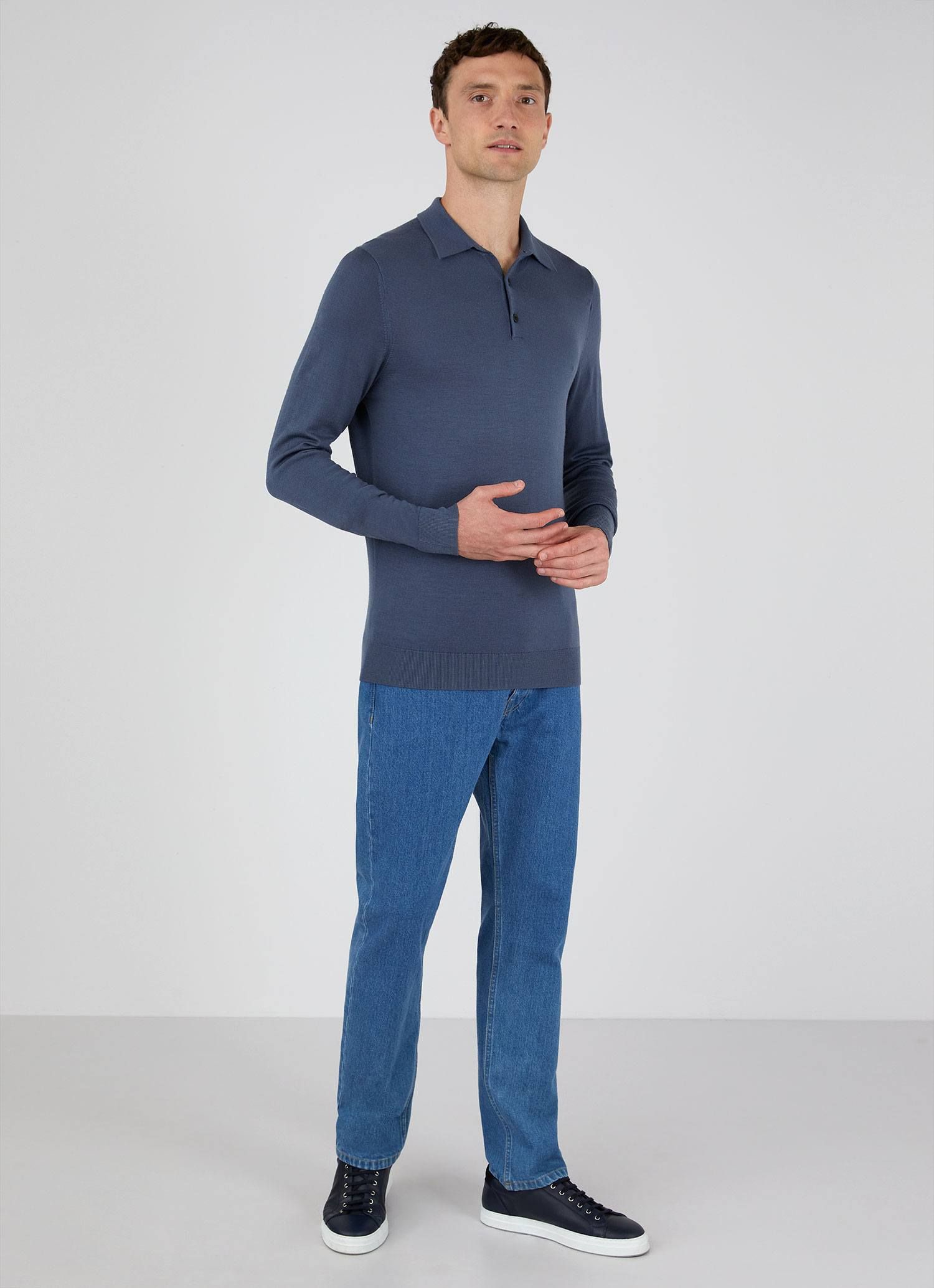Men's Extra-Fine Merino Polo in Blue Slate in Blue Slate sold by Sunspel product image thumbnail 3