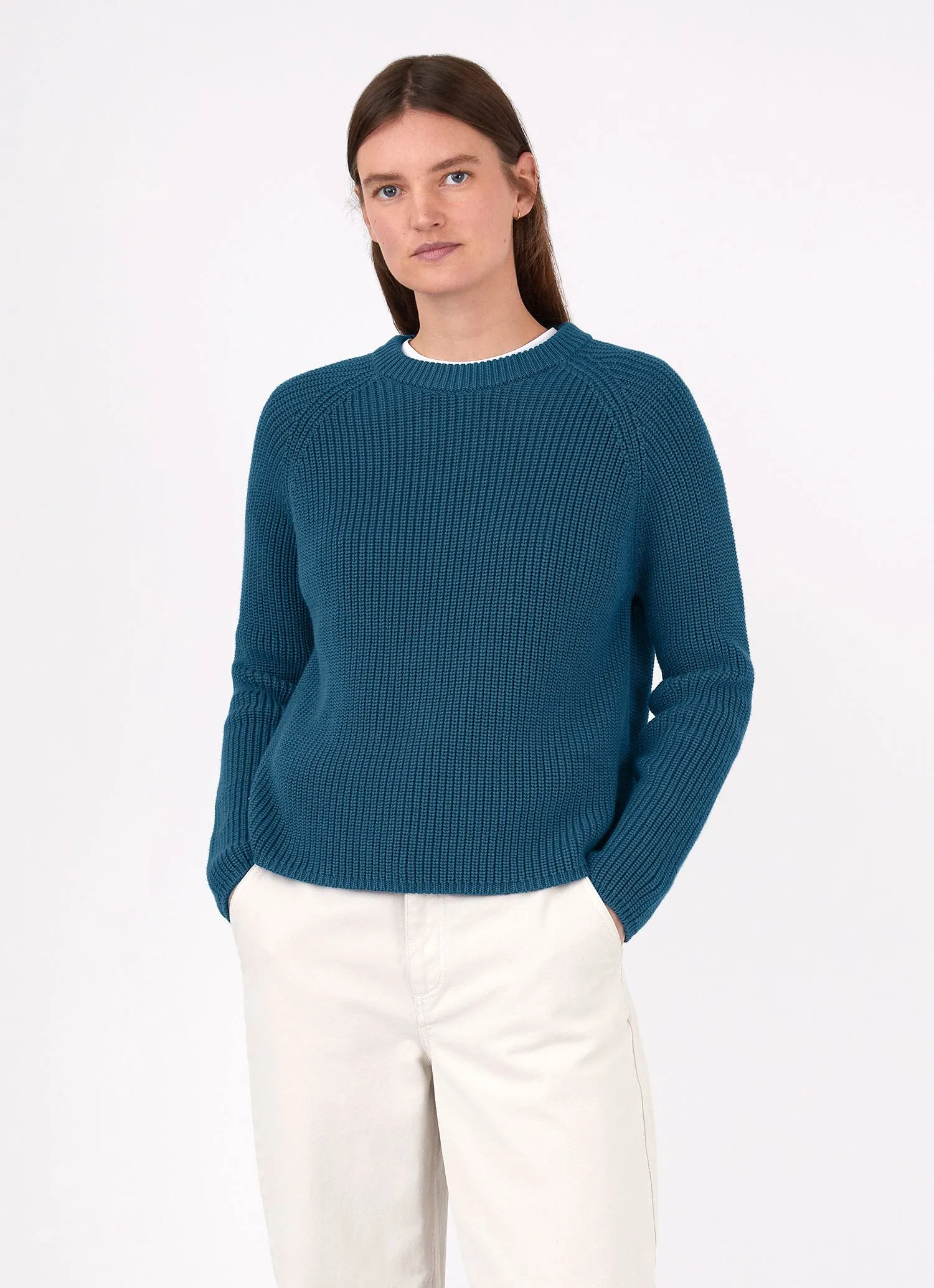 Women's Boxy Crew Neck Jumper in Lagoon Blue sold by Sunspel