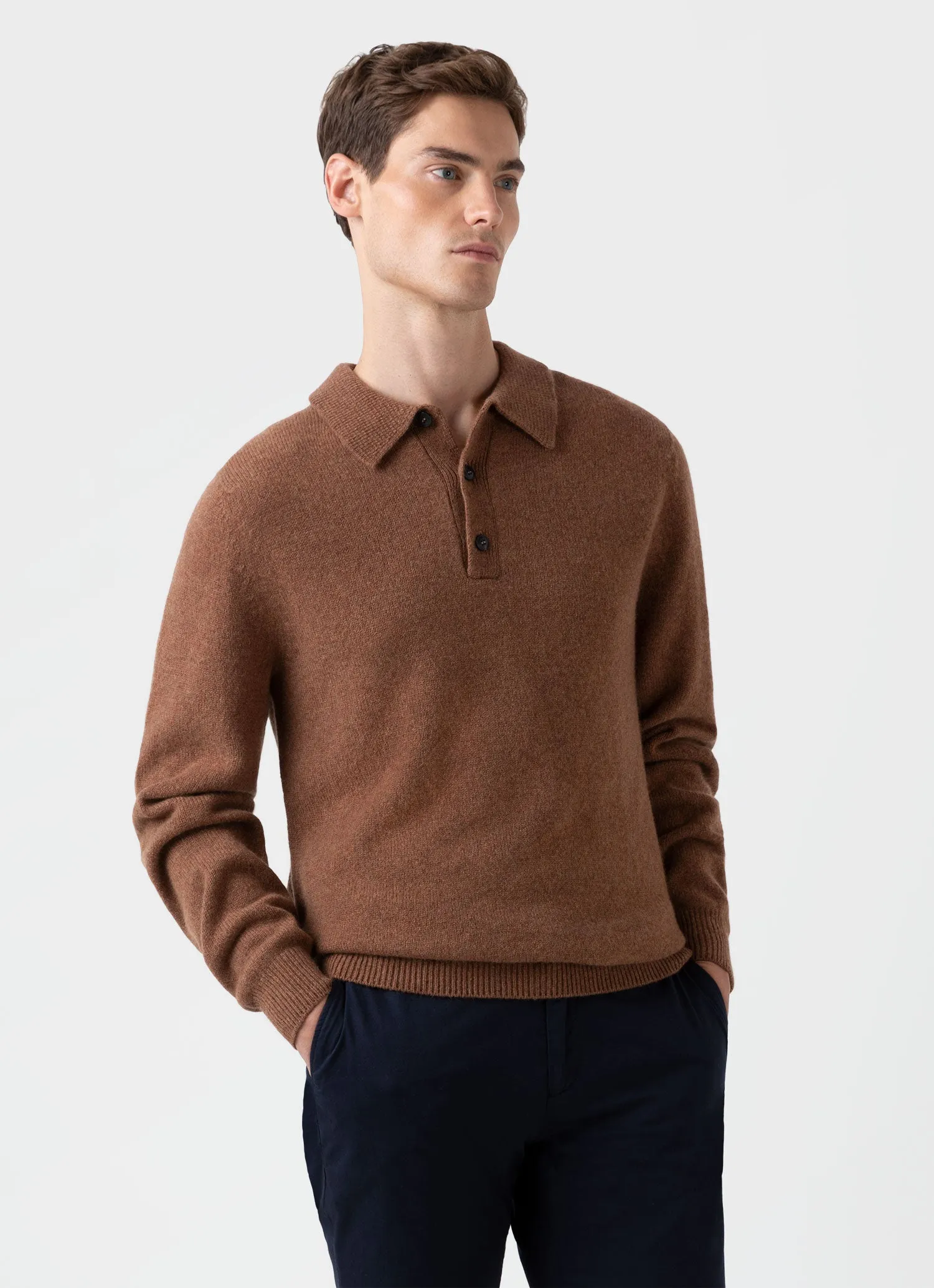 Men's Lambswool Polo Shirt in Pecan sold by Sunspel product image thumbnail 2