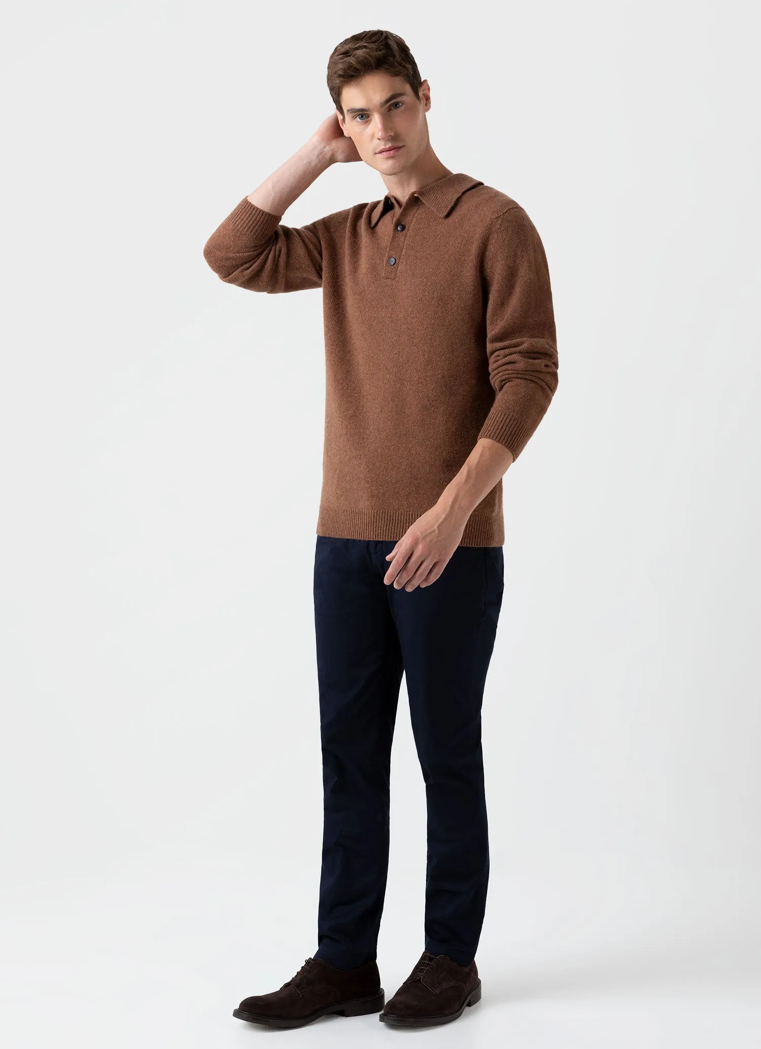 Men's Lambswool Polo Shirt in Pecan sold by Sunspel product image thumbnail 3