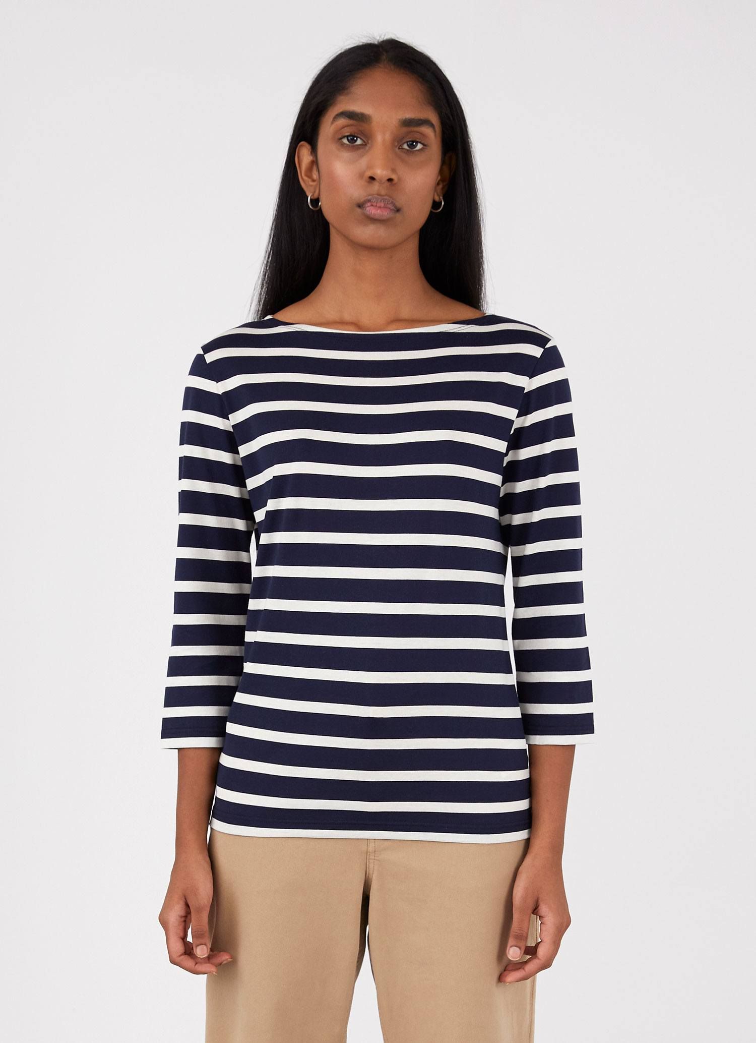 Women's Boat Neck T-shirt in Navy/Ecru Breton Stripe sold by Sunspel