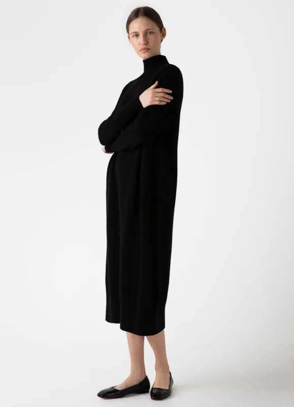 Women's Lambswool Funnel Neck Dress in Black made by Sunspel