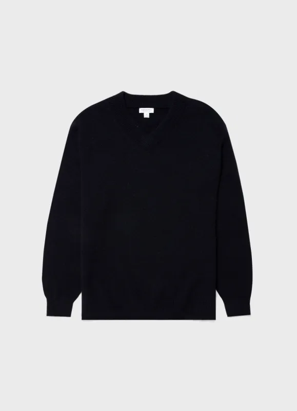Men's Lambswool V-neck Jumper in Dark Navy Mouline sold by Sunspel