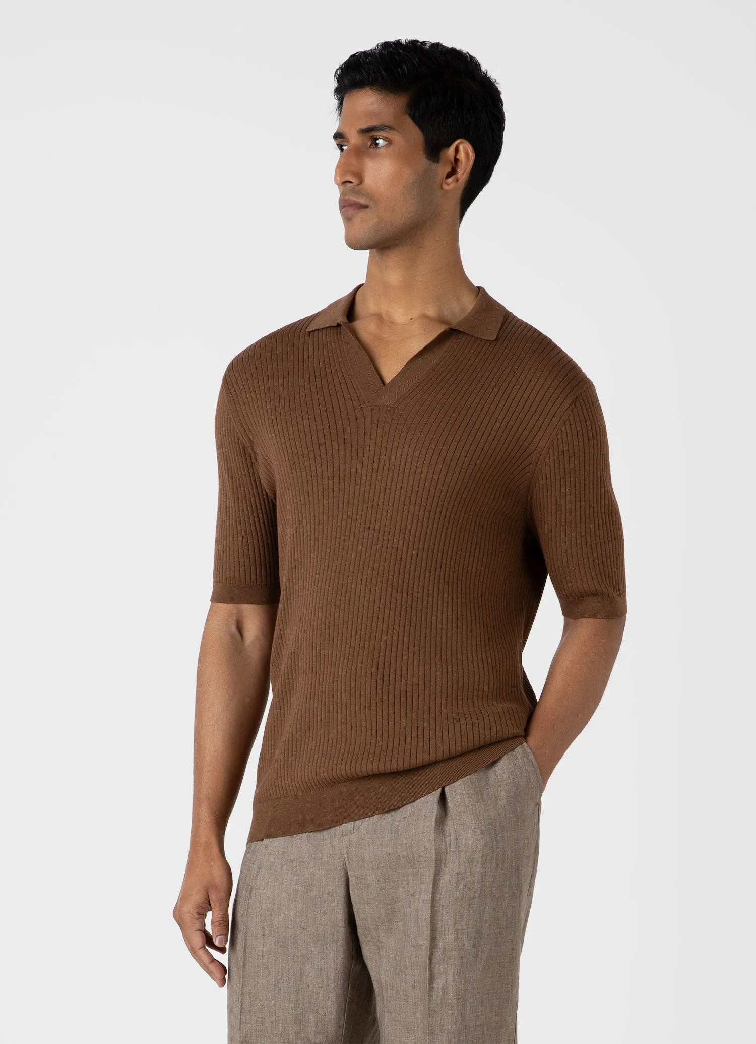 Men's Fine Rib Silk Cotton Polo Shirt in Dark Sand sold by Sunspel product image thumbnail 2