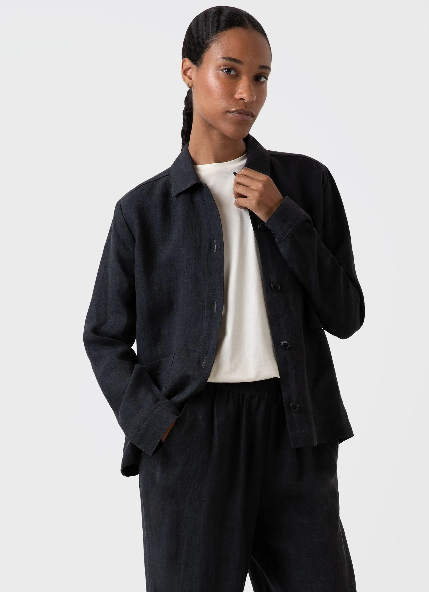 Women's Linen Twin Pocket Jacket in Black sold by Sunspel