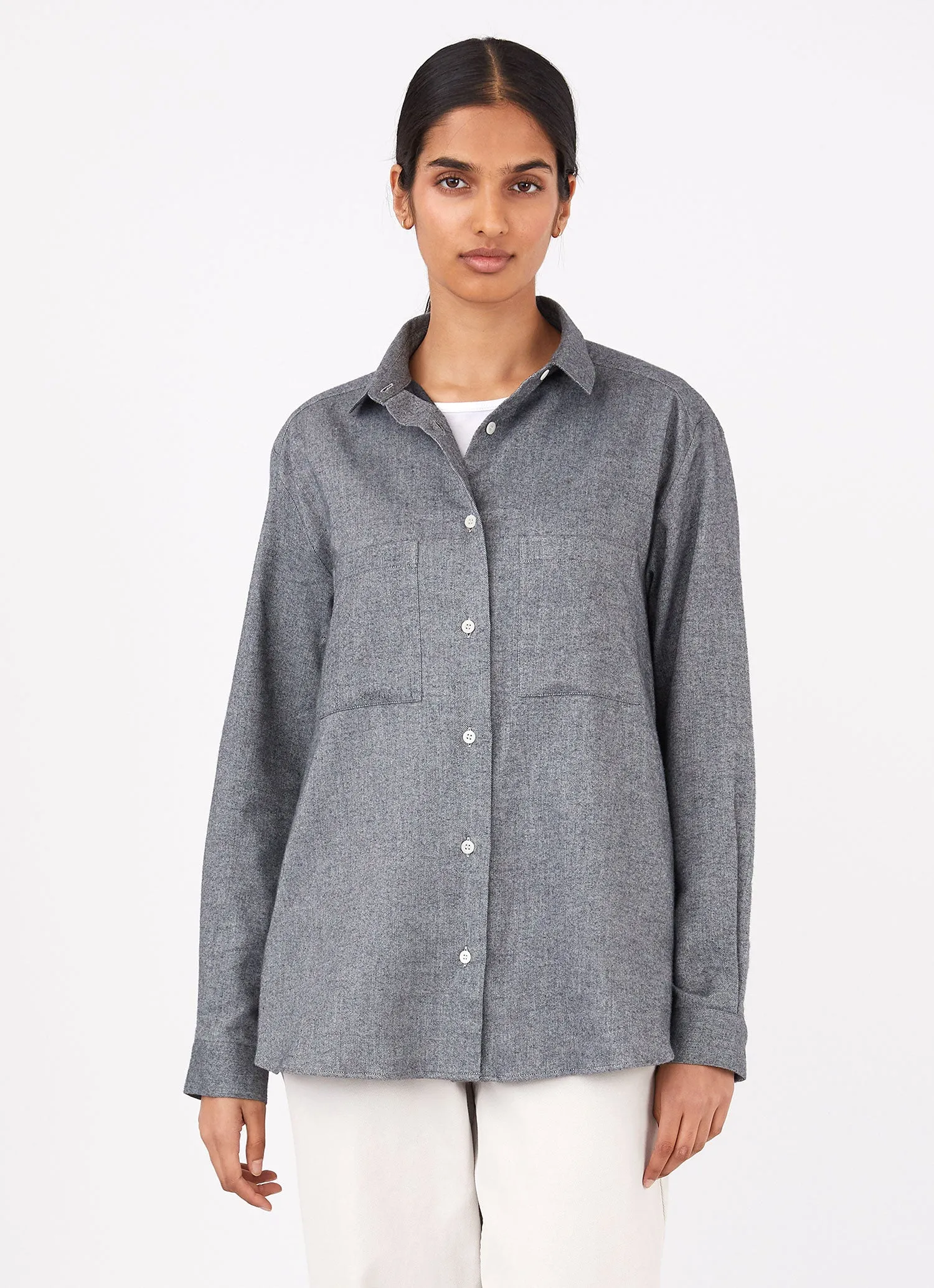 Women's Oversized Flannel Shirt in Mid Grey Melange sold by Sunspel