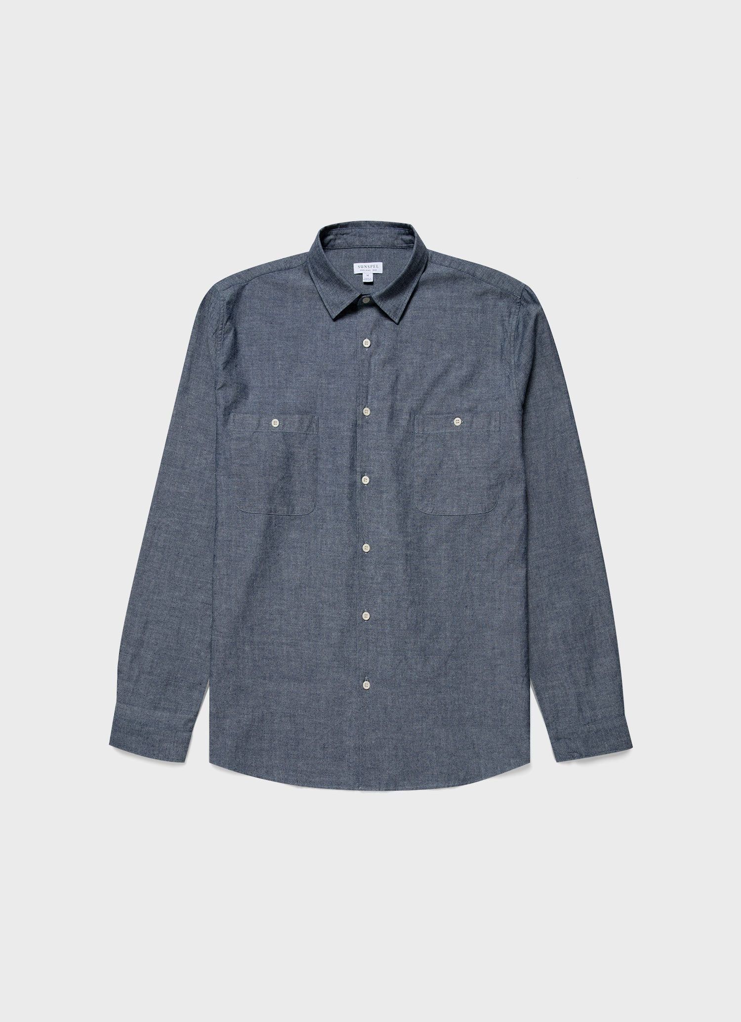 Men's Selvedge Chambray Overshirt in Mid Blue Chambray sold by Sunspel