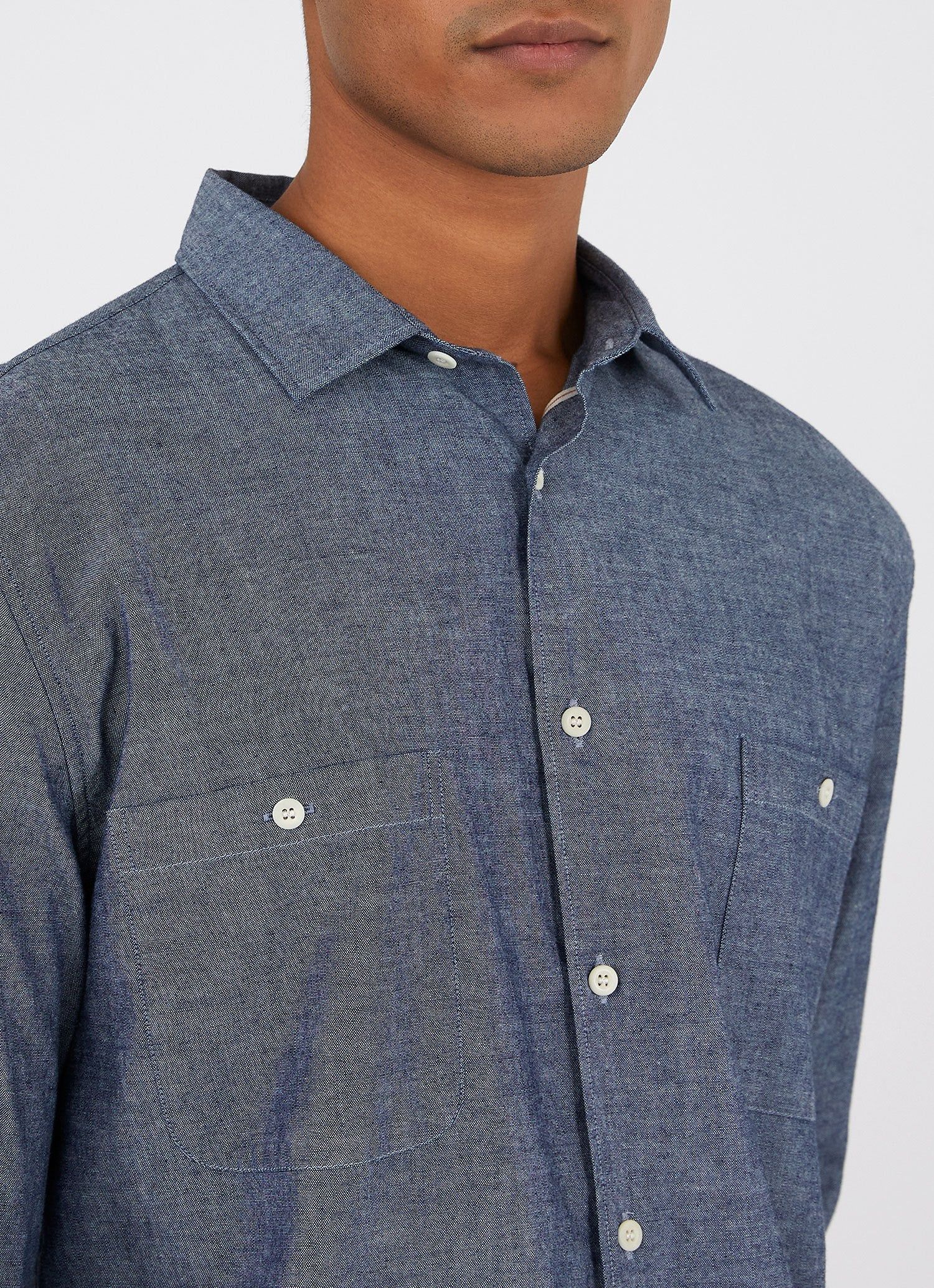 Men's Selvedge Chambray Overshirt in Mid Blue Chambray sold by Sunspel product image thumbnail 5
