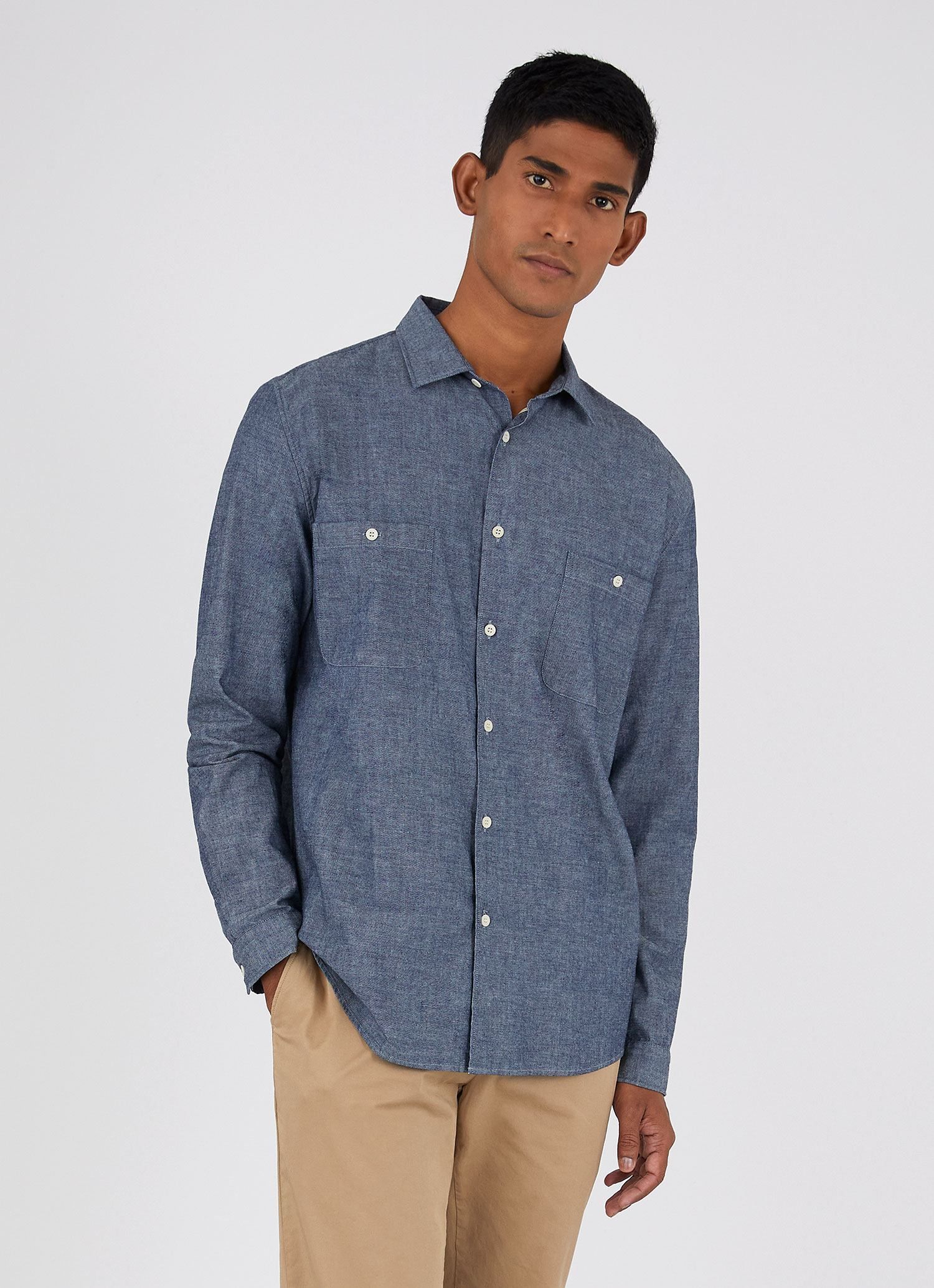 Men's Selvedge Chambray Overshirt in Mid Blue Chambray sold by Sunspel product image thumbnail 2