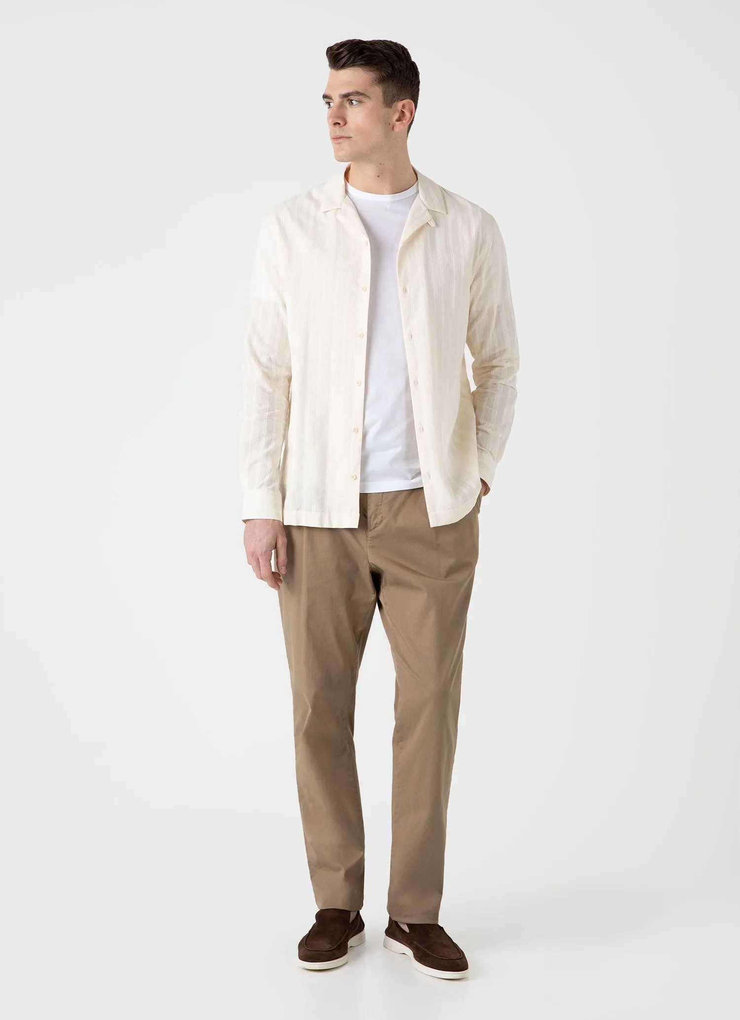 Men's Embroidered Stripe Long Sleeve Shirt in Ecru sold by Sunspel product image thumbnail 3