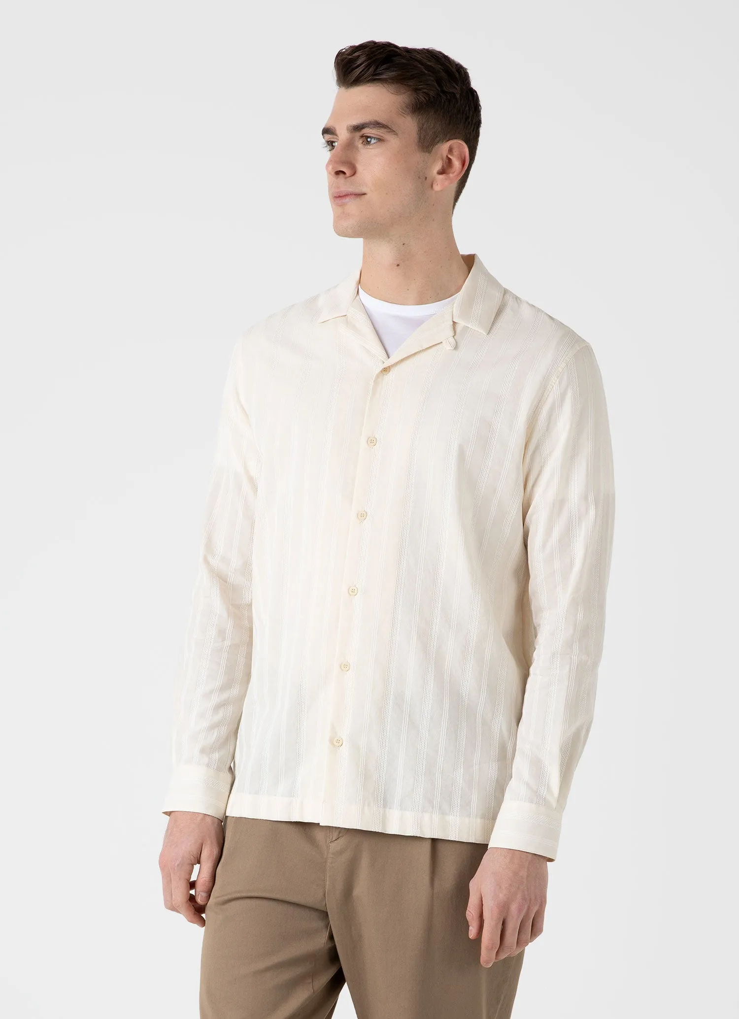 Men's Embroidered Stripe Long Sleeve Shirt in Ecru sold by Sunspel product image thumbnail 2