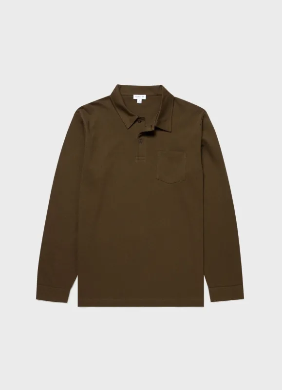 Men's Riviera Long Sleeve Polo Shirt in Dark Moss sold by Sunspel