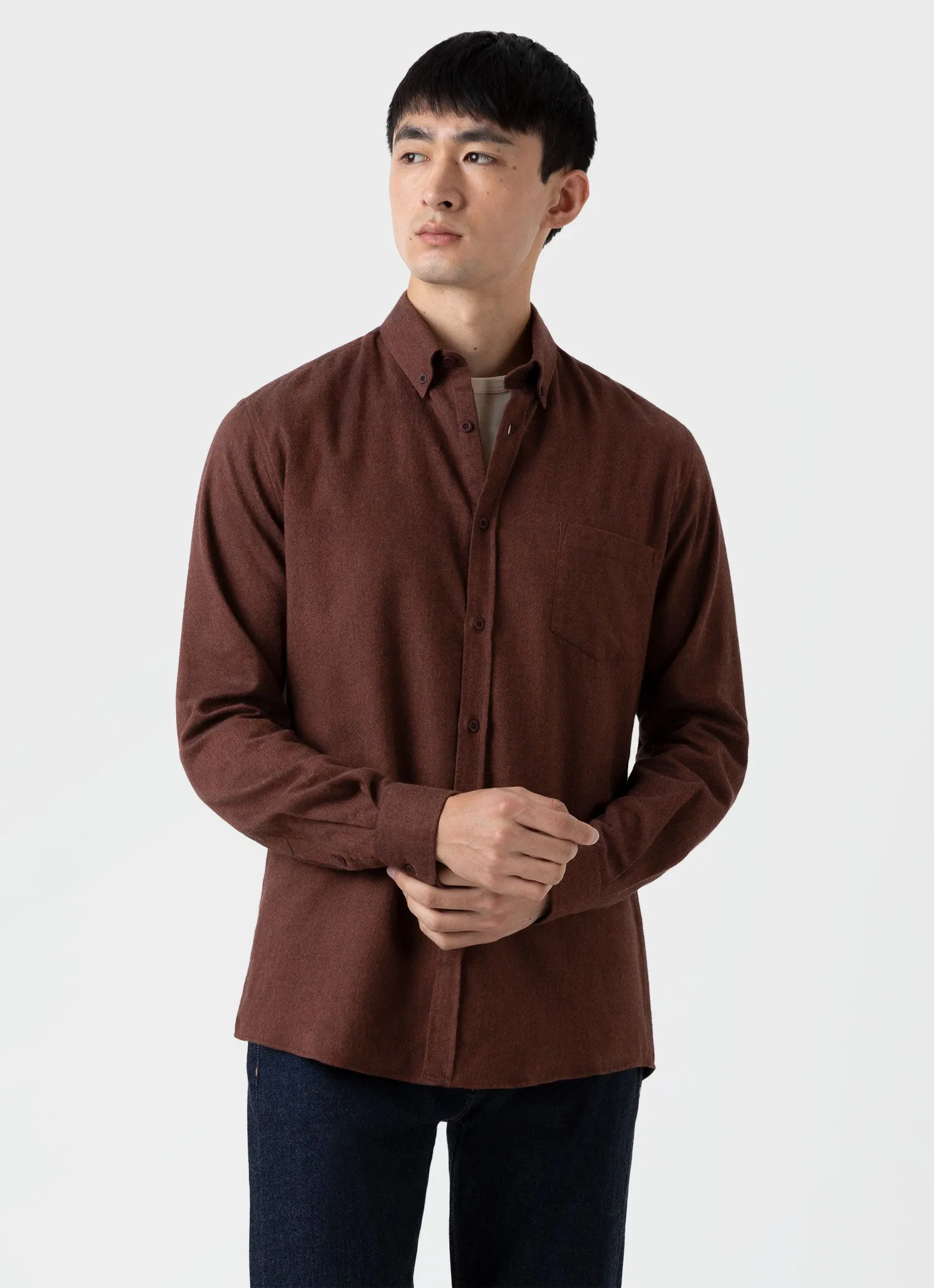 Men's Button Down Flannel Shirt in Pecan Melange sold by Sunspel product image thumbnail 2