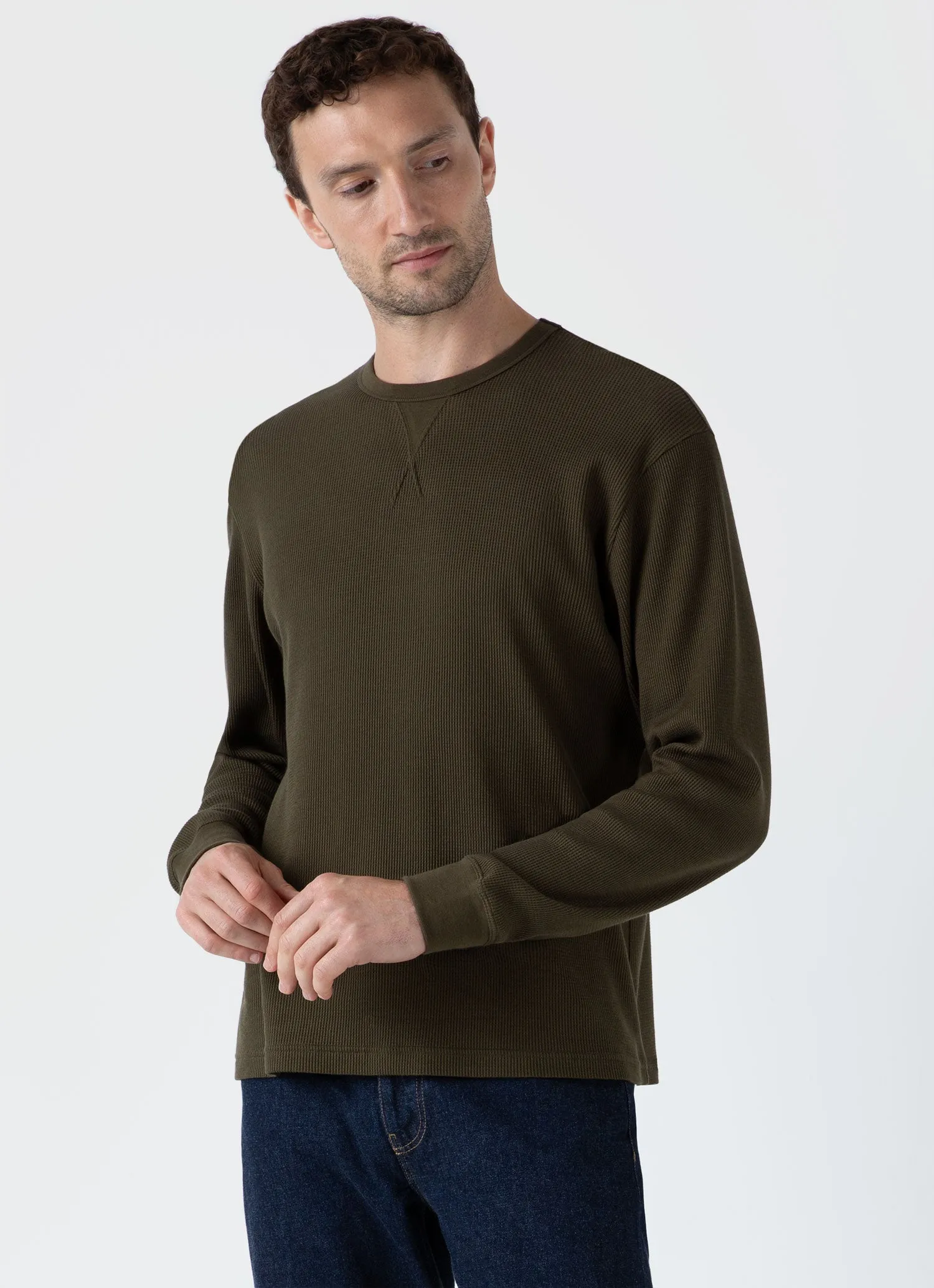 Men's Long Sleeve Waffle T-shirt in Dark Olive sold by Sunspel product image thumbnail 2
