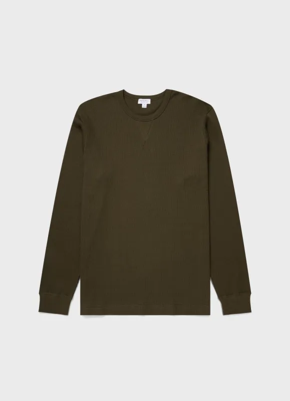 Men's Long Sleeve Waffle T-shirt in Dark Olive sold by Sunspel
