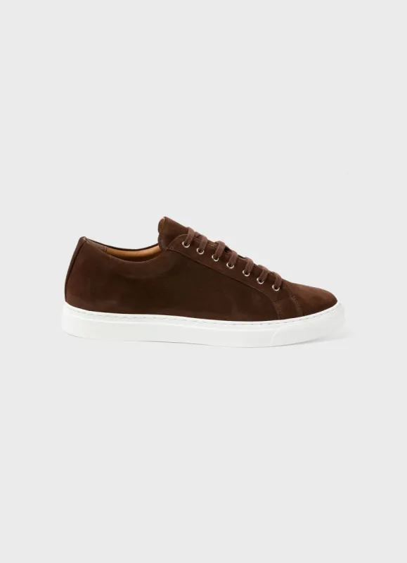 Men's Suede Tennis Shoe in Dark Walnut sold by Sunspel