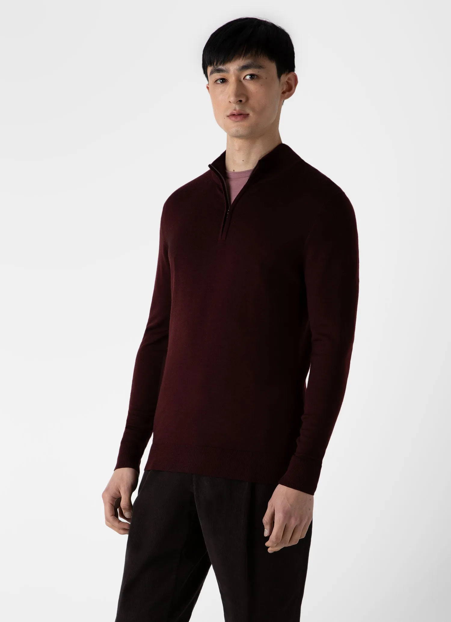 Men's Extra-Fine Merino Zip Neck in Maroon sold by Sunspel product image thumbnail 2