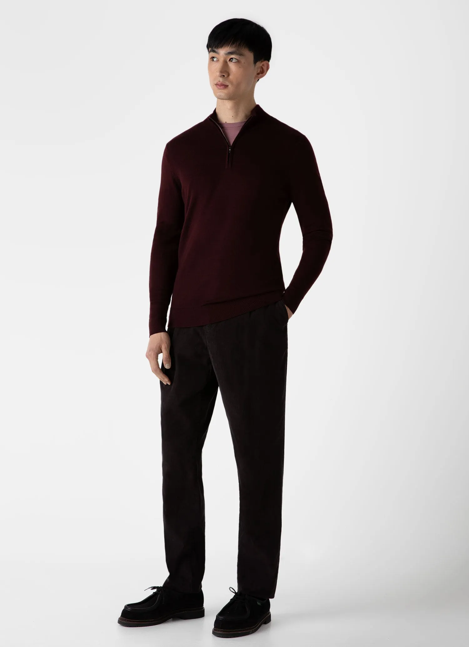 Men's Extra-Fine Merino Zip Neck in Maroon sold by Sunspel product image thumbnail 3