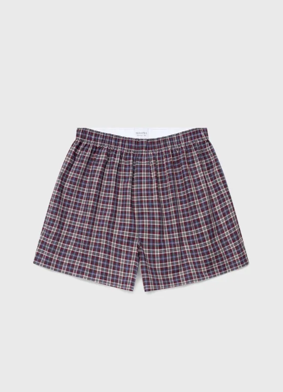Men's Classic Boxer Shorts in Maroon Check sold by Sunspel
