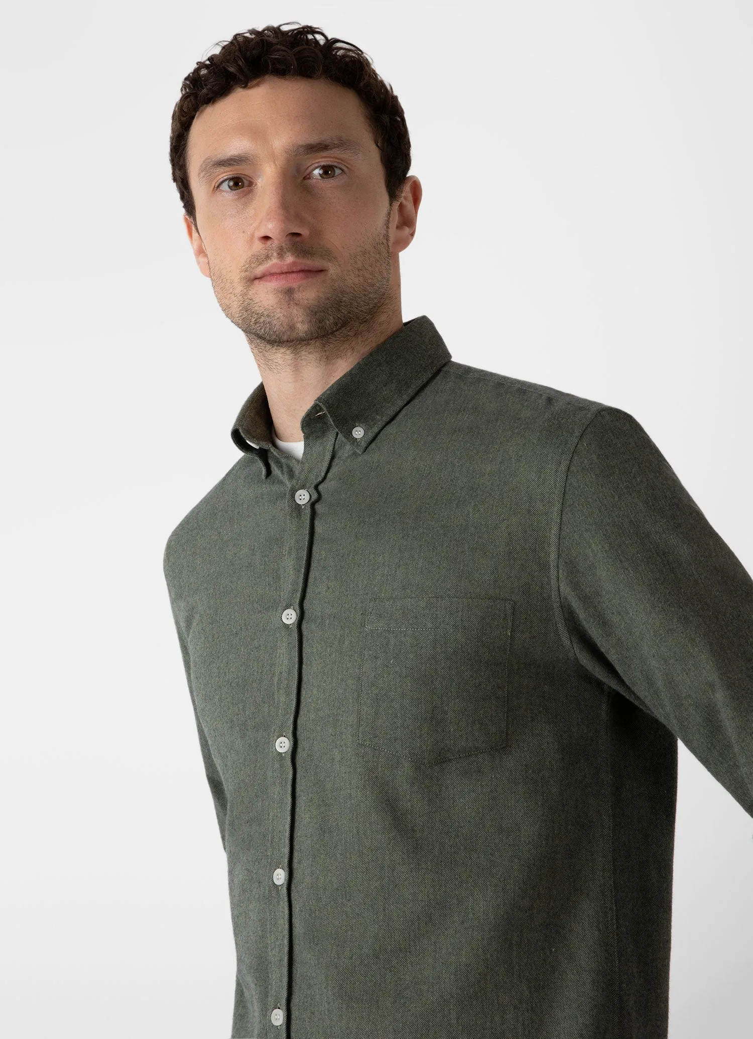Men's Button Down Flannel Shirt in Green Melange sold by Sunspel product image thumbnail 5