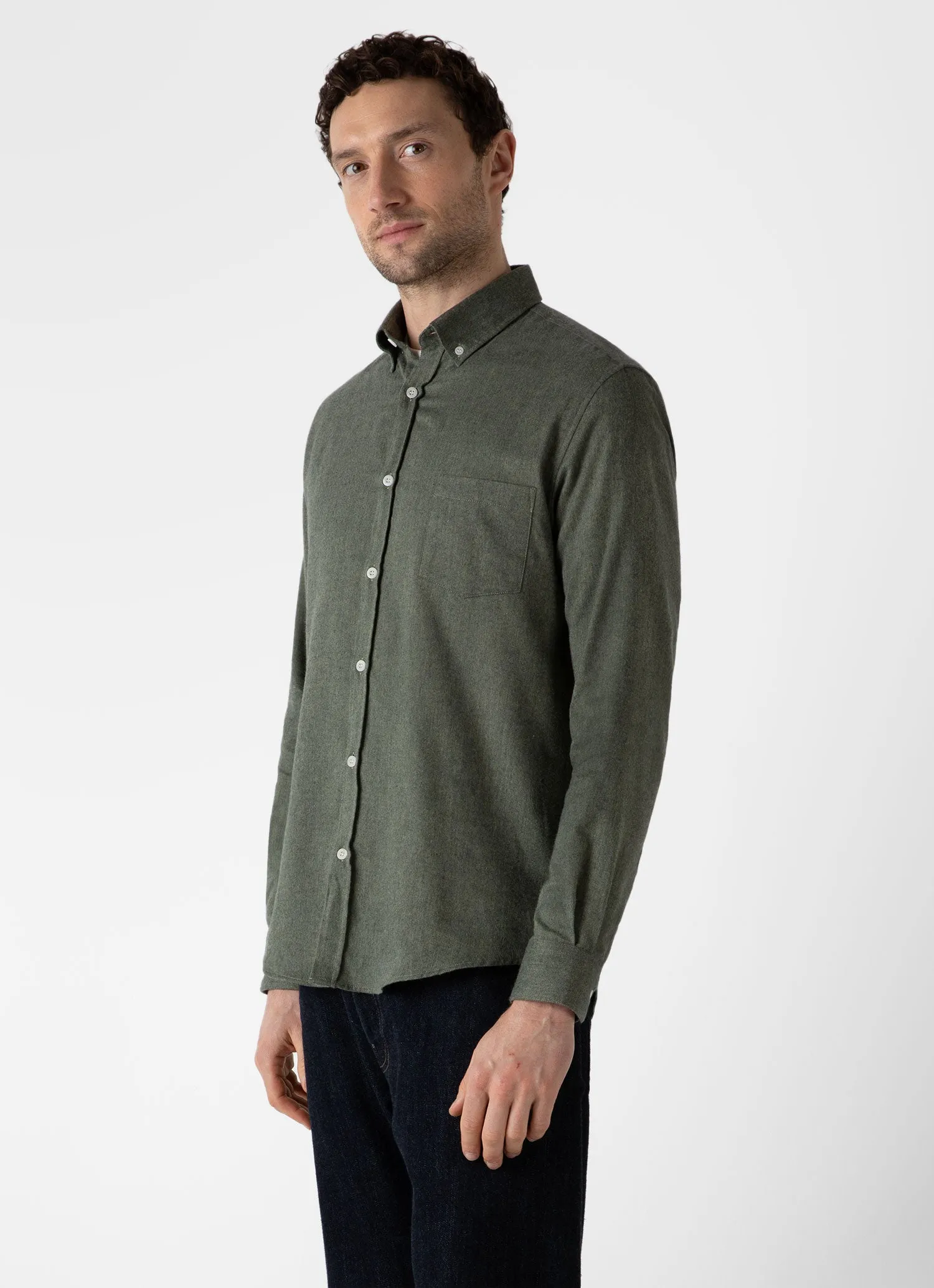 Men's Button Down Flannel Shirt in Green Melange sold by Sunspel product image thumbnail 2