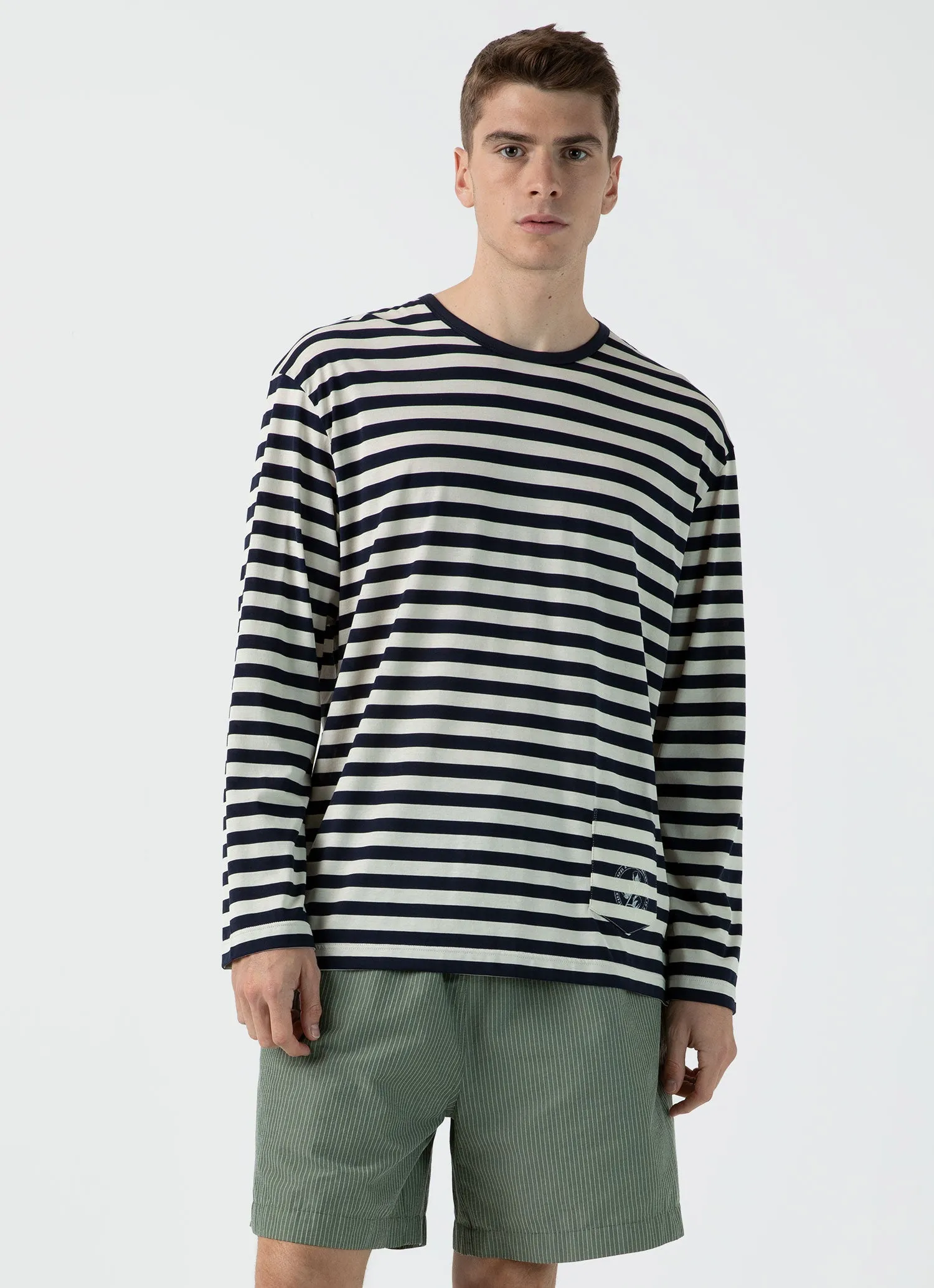 Men's Sunspel x Nigel Cabourn Long Sleeve T-shirt in Navy/Stone White sold by Sunspel product image thumbnail 2