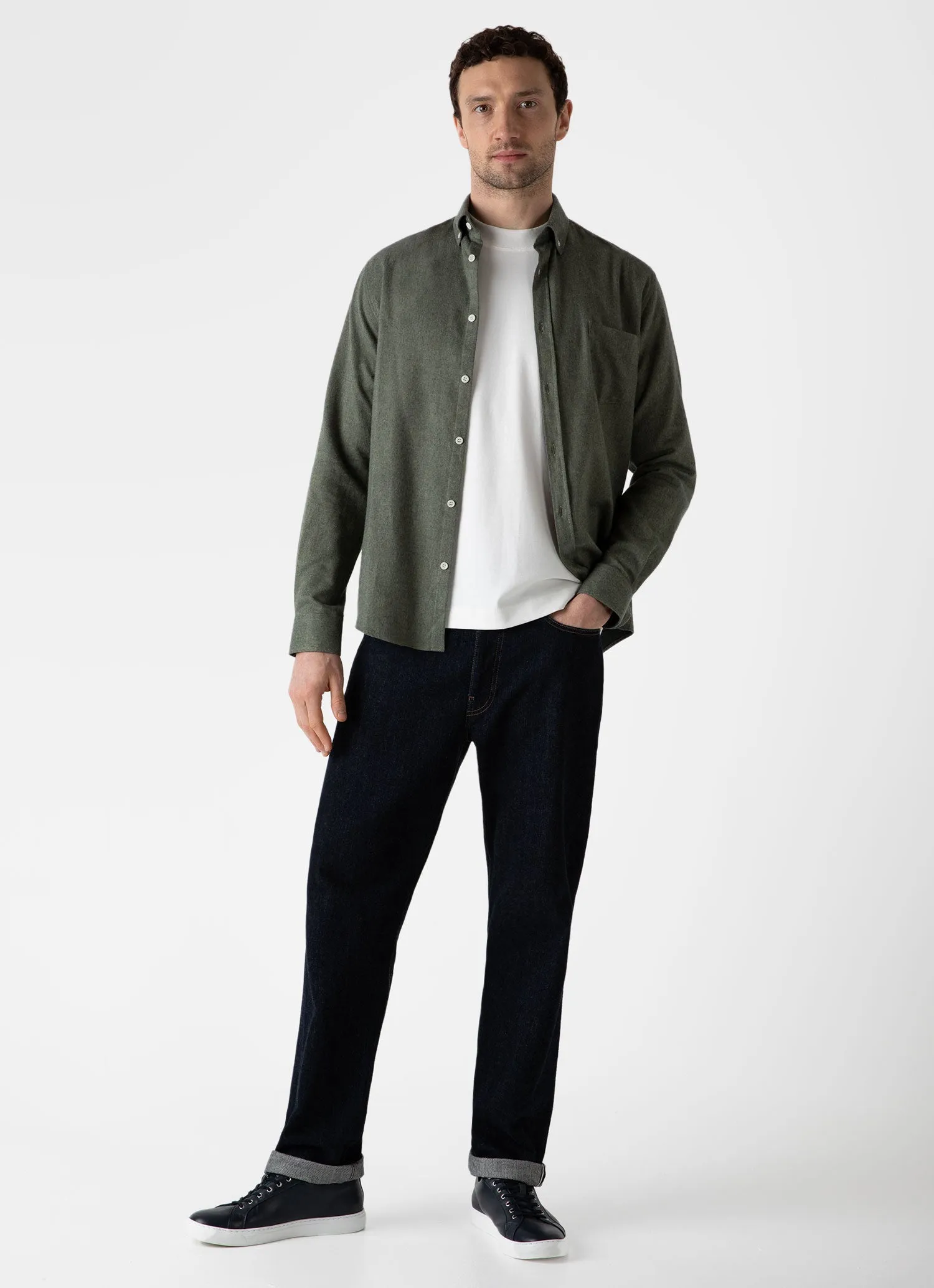 Men's Button Down Flannel Shirt in Green Melange sold by Sunspel product image thumbnail 3